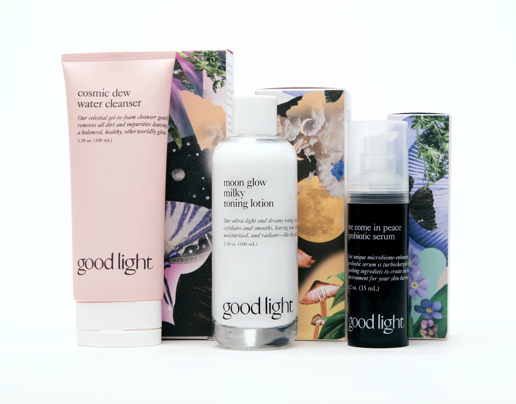 good light product range, naming for Cosmic Dew Water Cleanser, Moon Glow Milky Toning Lotion, and We Come In Peace Probiotic Serum