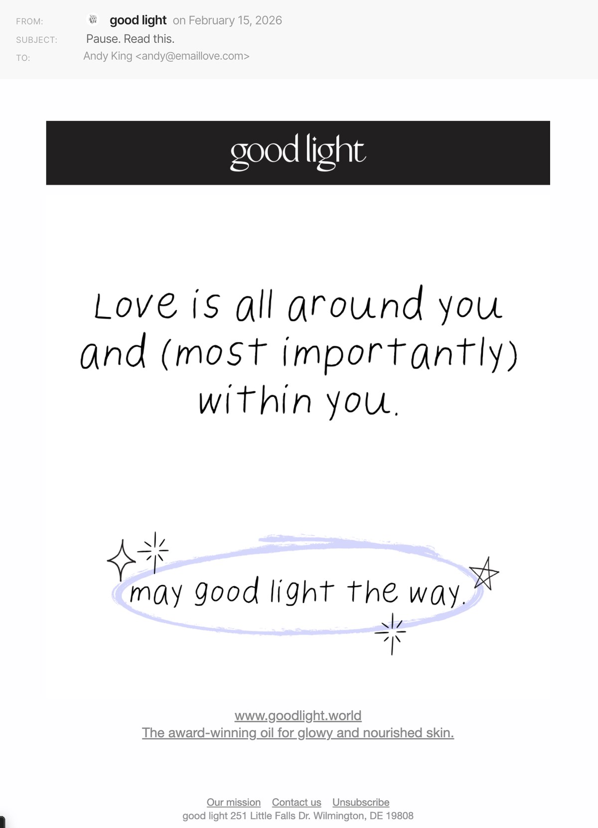good light marketing email featuring the tagline may good light the way